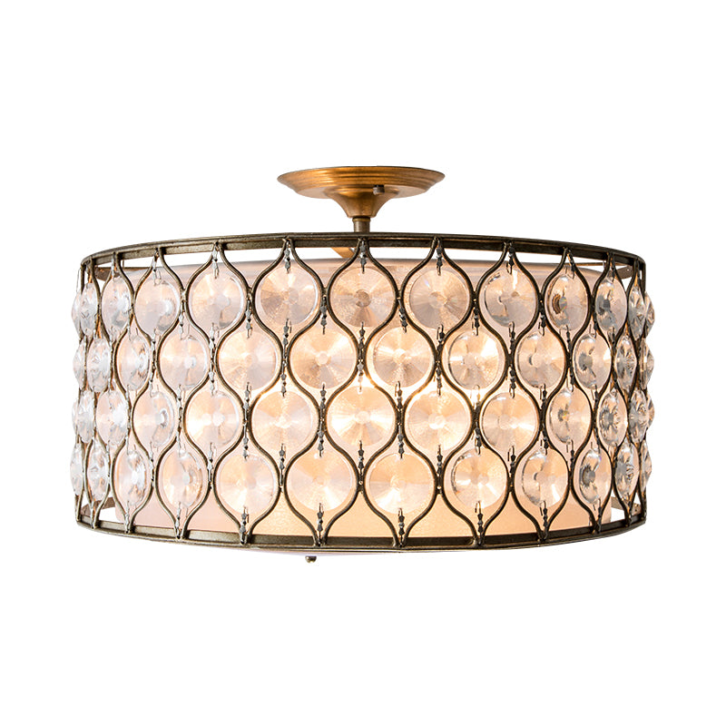 3 Lights Drum Ceiling Light Fixture Rustic Bronze Metal and Crystal Semi Flush Mount Light Clearhalo 'Ceiling Lights' 'Close To Ceiling Lights' 'Close to ceiling' 'Semi-flushmount' Lighting' 228451