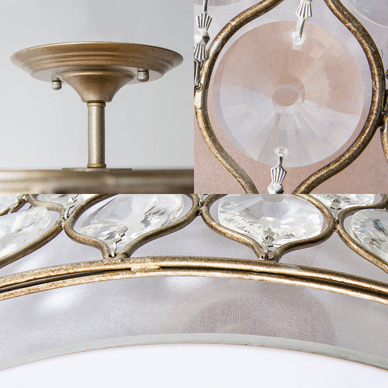 3 Lights Drum Ceiling Light Fixture Rustic Bronze Metal and Crystal Semi Flush Mount Light Clearhalo 'Ceiling Lights' 'Close To Ceiling Lights' 'Close to ceiling' 'Semi-flushmount' Lighting' 228453