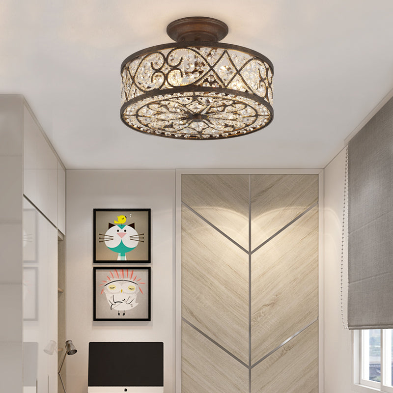 Drum Bedroom Semi Flush Light Rustic Metal and Crystal 3 Lights Rust Ceiling Light Fixture Rust Clearhalo 'Ceiling Lights' 'Close To Ceiling Lights' 'Close to ceiling' Lighting' 228454