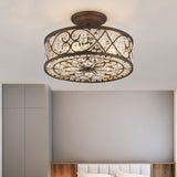 Drum Bedroom Semi Flush Light Rustic Metal and Crystal 3 Lights Rust Ceiling Light Fixture Clearhalo 'Ceiling Lights' 'Close To Ceiling Lights' 'Close to ceiling' Lighting' 228455