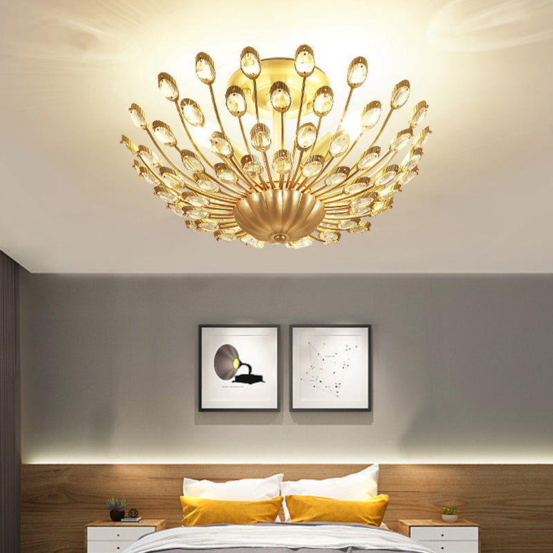 Peacock Crystal Semi Flush Mount Light Vintage 3 Lights Bedroom Ceiling Light Fixture in Gold Clearhalo 'Ceiling Lights' 'Close To Ceiling Lights' 'Close to ceiling' 'Semi-flushmount' Lighting' 228459