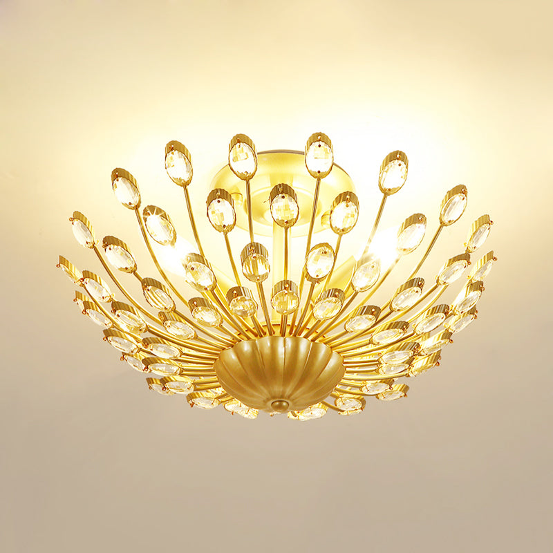 Peacock Crystal Semi Flush Mount Light Vintage 3 Lights Bedroom Ceiling Light Fixture in Gold Clearhalo 'Ceiling Lights' 'Close To Ceiling Lights' 'Close to ceiling' 'Semi-flushmount' Lighting' 228460