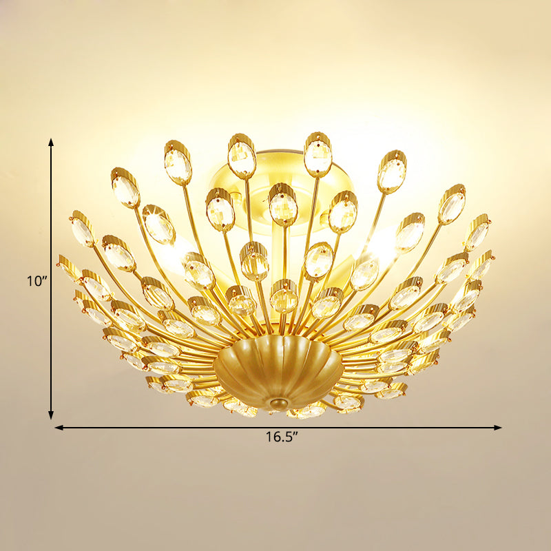 Peacock Crystal Semi Flush Mount Light Vintage 3 Lights Bedroom Ceiling Light Fixture in Gold Clearhalo 'Ceiling Lights' 'Close To Ceiling Lights' 'Close to ceiling' 'Semi-flushmount' Lighting' 228461