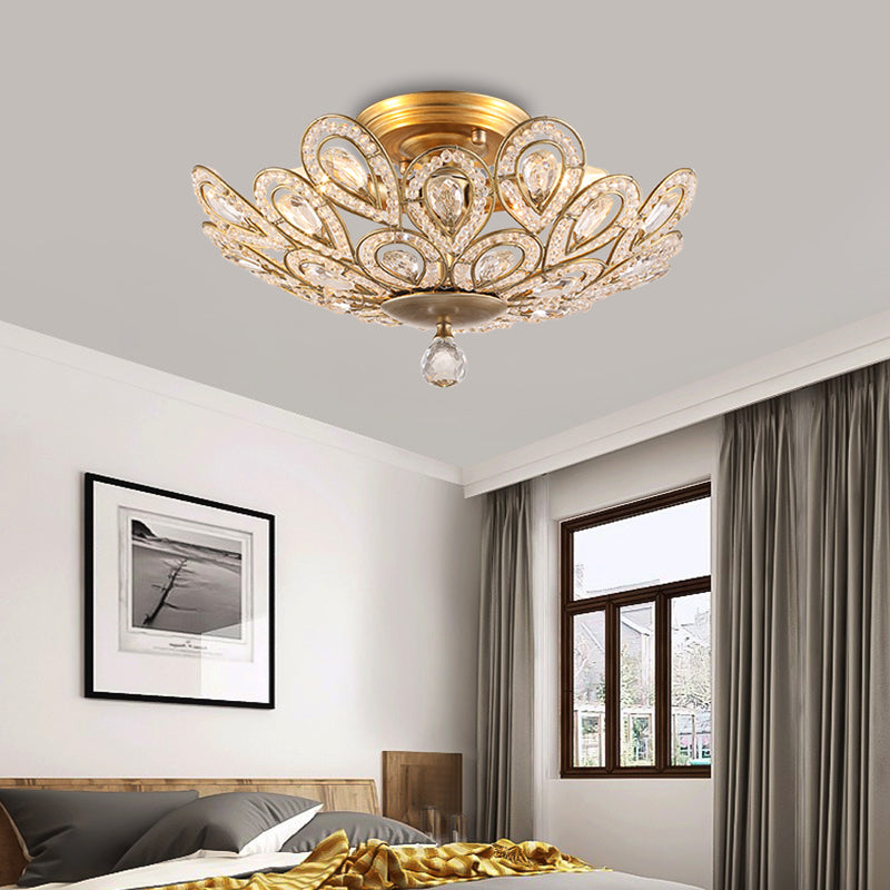 Gold Metal and Crystal Bowl Semi Flush Mounted Light Traditional 3 Lights Bedroom Ceiling Light Gold Clearhalo 'Ceiling Lights' 'Close To Ceiling Lights' 'Close to ceiling' 'Semi-flushmount' Lighting' 228467