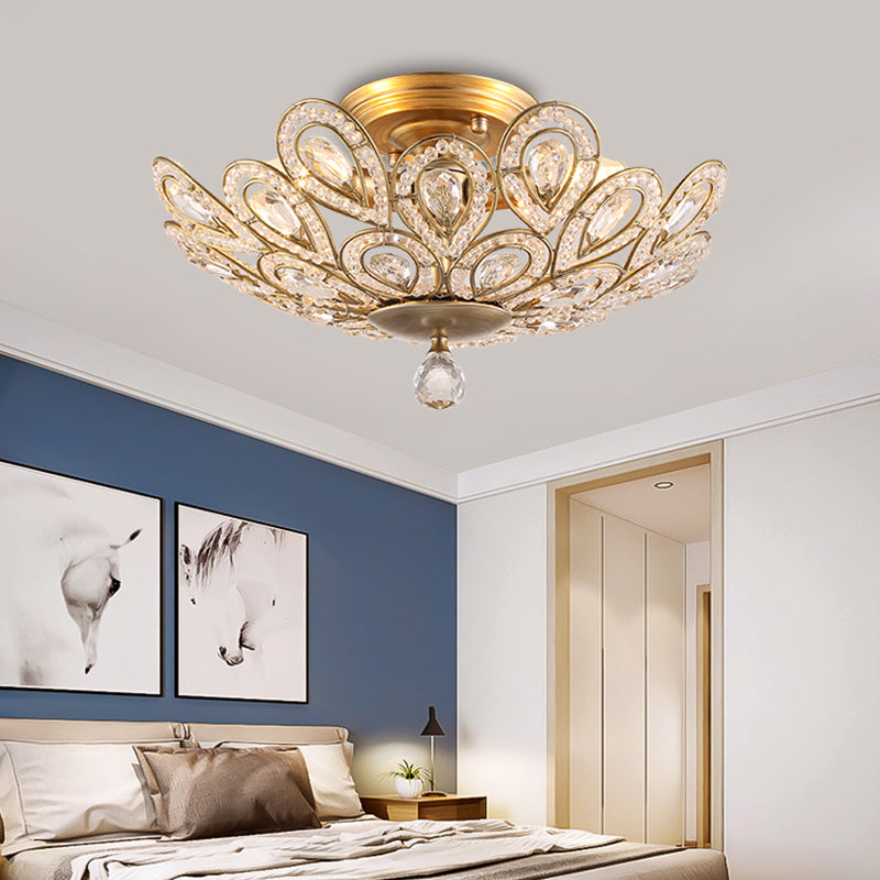 Gold Metal and Crystal Bowl Semi Flush Mounted Light Traditional 3 Lights Bedroom Ceiling Light Clearhalo 'Ceiling Lights' 'Close To Ceiling Lights' 'Close to ceiling' 'Semi-flushmount' Lighting' 228468