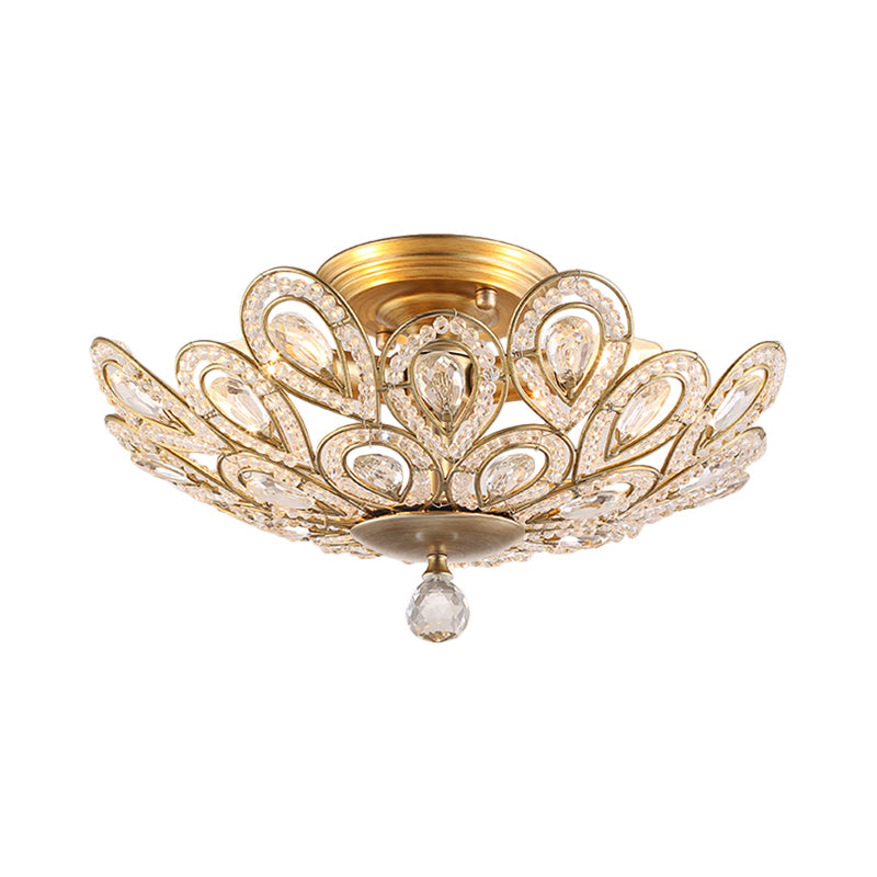 Gold Metal and Crystal Bowl Semi Flush Mounted Light Traditional 3 Lights Bedroom Ceiling Light Clearhalo 'Ceiling Lights' 'Close To Ceiling Lights' 'Close to ceiling' 'Semi-flushmount' Lighting' 228469