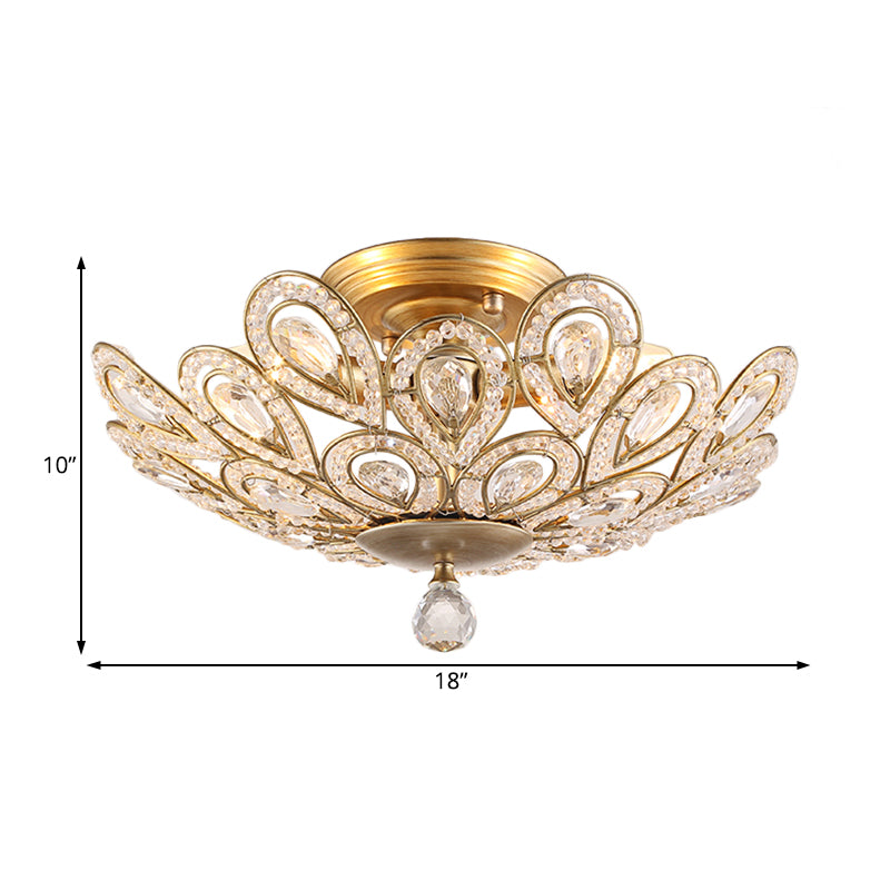 Gold Metal and Crystal Bowl Semi Flush Mounted Light Traditional 3 Lights Bedroom Ceiling Light Clearhalo 'Ceiling Lights' 'Close To Ceiling Lights' 'Close to ceiling' 'Semi-flushmount' Lighting' 228470