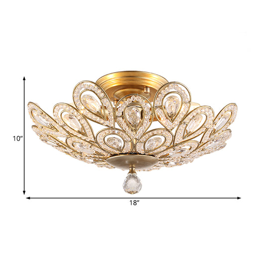 Gold Metal and Crystal Bowl Semi Flush Mounted Light Traditional 3 Lights Bedroom Ceiling Light Clearhalo 'Ceiling Lights' 'Close To Ceiling Lights' 'Close to ceiling' 'Semi-flushmount' Lighting' 228470