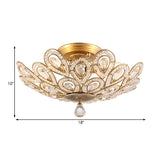 Gold Metal and Crystal Bowl Semi Flush Mounted Light Traditional 3 Lights Bedroom Ceiling Light Clearhalo 'Ceiling Lights' 'Close To Ceiling Lights' 'Close to ceiling' 'Semi-flushmount' Lighting' 228470