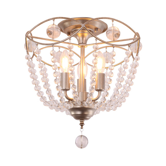 Candle Hallway Semi Flush Light Traditional Metal 3 Lights Gold Ceiling Light with Crystal Strand Clearhalo 'Ceiling Lights' 'Close To Ceiling Lights' 'Close to ceiling' 'Semi-flushmount' Lighting' 228473