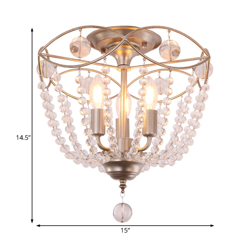 Candle Hallway Semi Flush Light Traditional Metal 3 Lights Gold Ceiling Light with Crystal Strand Clearhalo 'Ceiling Lights' 'Close To Ceiling Lights' 'Close to ceiling' 'Semi-flushmount' Lighting' 228474