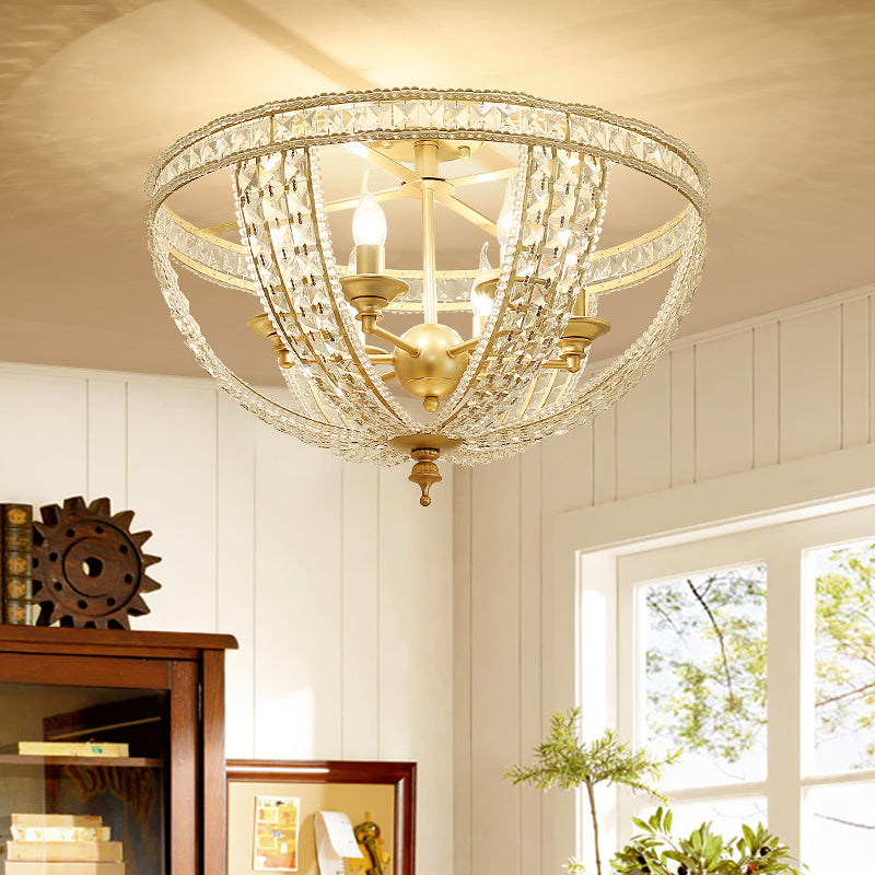 3 Lights Semi Flush Mount Light Traditional Bowl Crystal Strand Close to Ceiling Light in Gold Gold Clearhalo 'Ceiling Lights' 'Close To Ceiling Lights' 'Close to ceiling' 'Semi-flushmount' Lighting' 228475