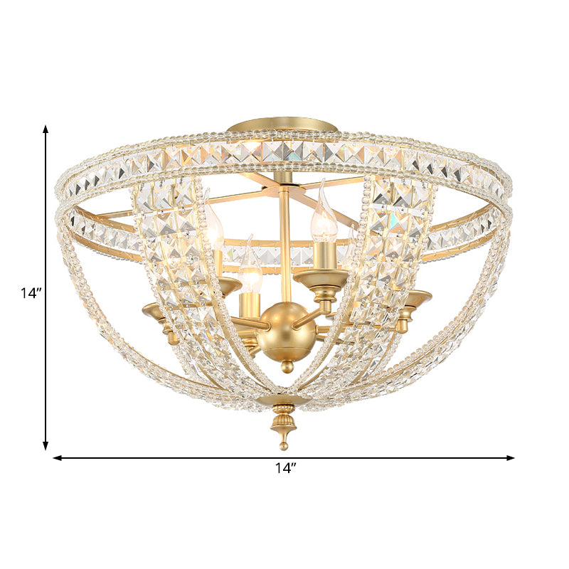 3 Lights Semi Flush Mount Light Traditional Bowl Crystal Strand Close to Ceiling Light in Gold Clearhalo 'Ceiling Lights' 'Close To Ceiling Lights' 'Close to ceiling' 'Semi-flushmount' Lighting' 228478