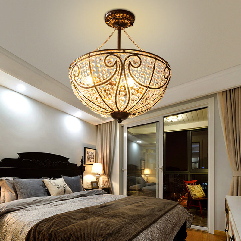 4 Lights Crystal Ceiling Mounted Light Rustic Bronze Bowl Bedroom Semi Flush Mount Light Bronze Clearhalo 'Ceiling Lights' 'Close To Ceiling Lights' 'Close to ceiling' Lighting' 228480