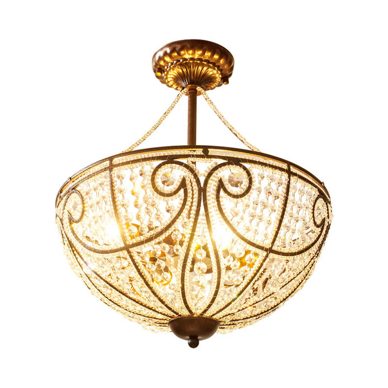 4 Lights Crystal Ceiling Mounted Light Rustic Bronze Bowl Bedroom Semi Flush Mount Light Clearhalo 'Ceiling Lights' 'Close To Ceiling Lights' 'Close to ceiling' Lighting' 228482