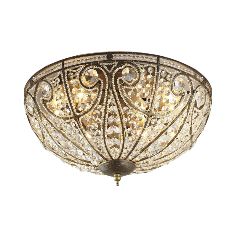 Brass 4 Lights Flush Light Fixture Rustic Metal and Crystal Dome Close to Ceiling Light Clearhalo 'Ceiling Lights' 'Close To Ceiling Lights' 'Close to ceiling' 'Flush mount' Lighting' 228505