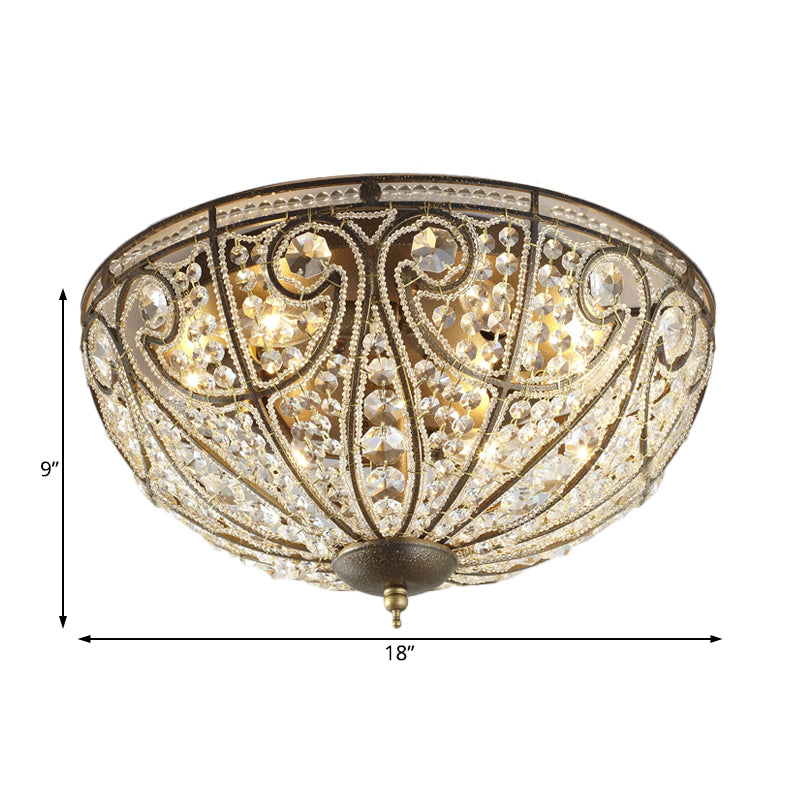 Brass 4 Lights Flush Light Fixture Rustic Metal and Crystal Dome Close to Ceiling Light Clearhalo 'Ceiling Lights' 'Close To Ceiling Lights' 'Close to ceiling' 'Flush mount' Lighting' 228506