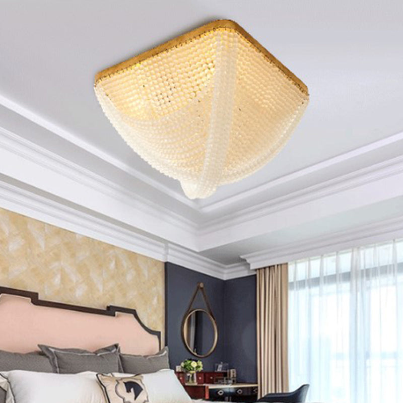 4 Lights Flush Mount Light Rustic Bedroom Ceiling Lamp with Square White Crystal Beaded Shade Clearhalo 'Ceiling Lights' 'Close To Ceiling Lights' 'Close to ceiling' 'Flush mount' Lighting' 228512