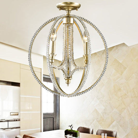 Orb Metal Semi Flush Mount Light Rustic 3 Lights Dining Room Ceiling Light with Crystal Accent in Brass Brass Clearhalo 'Ceiling Lights' 'Close To Ceiling Lights' 'Close to ceiling' 'Semi-flushmount' Lighting' 228515