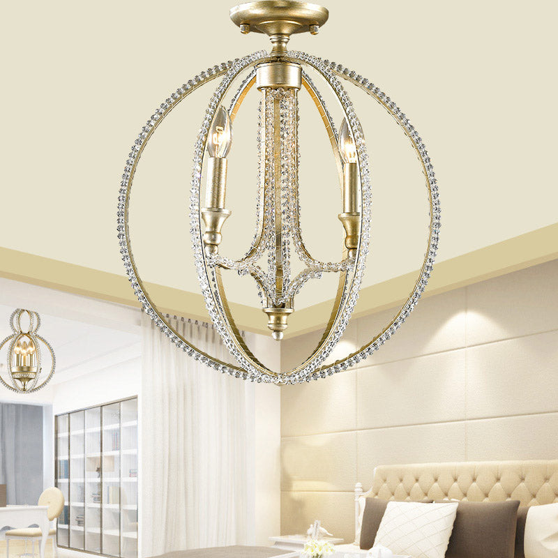 Orb Metal Semi Flush Mount Light Rustic 3 Lights Dining Room Ceiling Light with Crystal Accent in Brass Clearhalo 'Ceiling Lights' 'Close To Ceiling Lights' 'Close to ceiling' 'Semi-flushmount' Lighting' 228516