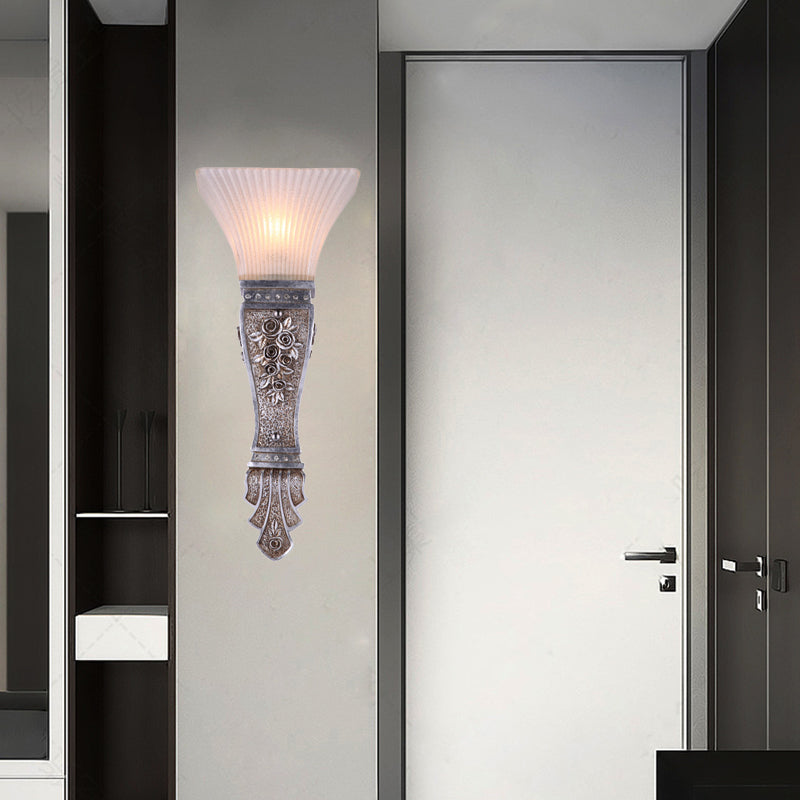 Ribbed Glass Flared Wall Mount Light Rustic Corridor Sconce Light with Silver Base Silver Clearhalo 'Wall Lamps & Sconces' 'Wall Lights' Lighting' 228520