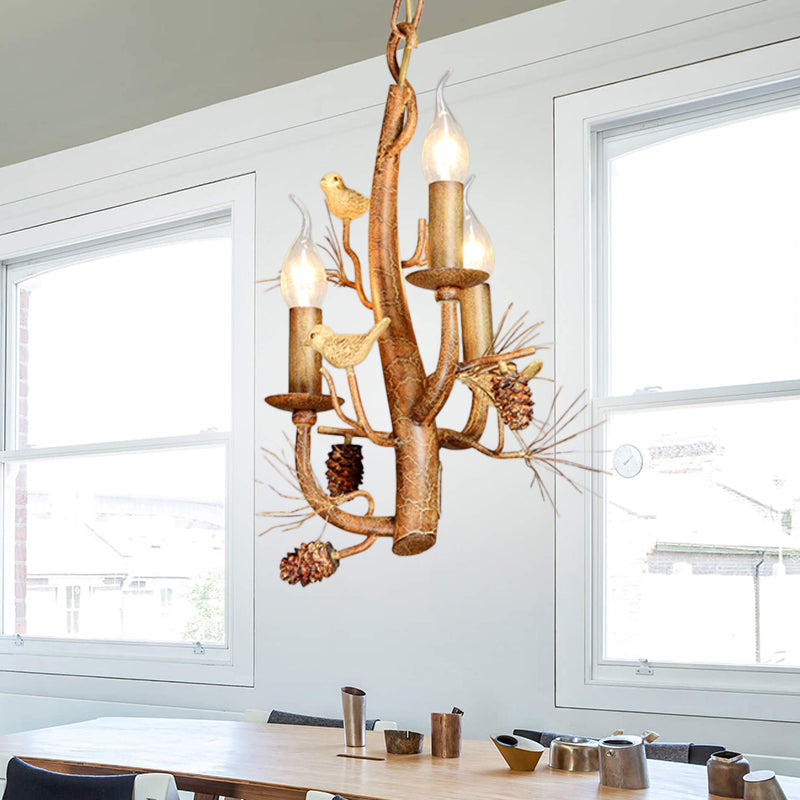Candle Dining Room Ceiling Chandelier Rustic Metal 3/5 Lights Wood Hanging Fixture with Branch and Birds Clearhalo 'Ceiling Lights' 'Chandeliers' Lighting' options 228530