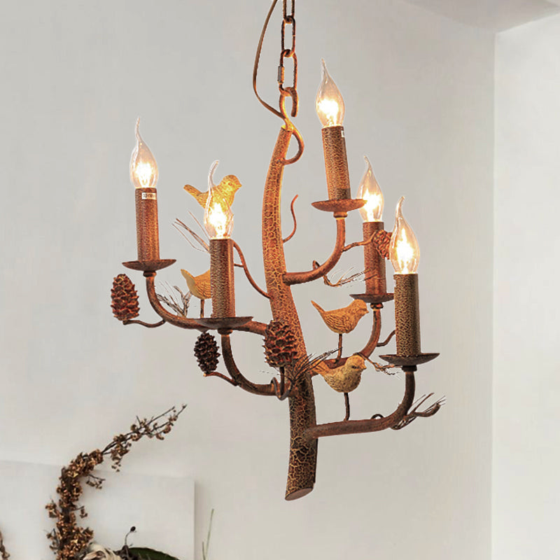 Candle Dining Room Ceiling Chandelier Rustic Metal 3/5 Lights Wood Hanging Fixture with Branch and Birds 5 Wood Clearhalo 'Ceiling Lights' 'Chandeliers' Lighting' options 228533_0490c93d-a4e7-4932-8499-bf96913ee2ca
