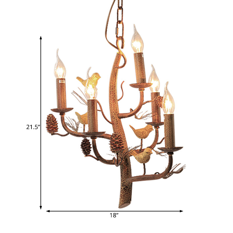 Candle Dining Room Ceiling Chandelier Rustic Metal 3/5 Lights Wood Hanging Fixture with Branch and Birds Clearhalo 'Ceiling Lights' 'Chandeliers' Lighting' options 228536