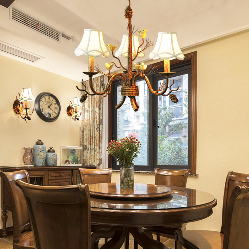 Brown 3 Lights Pendant Chandelier Rustic Metal Scalloped Hanging Light with Fabric Shade Brown Clearhalo 'Ceiling Lights' 'Chandeliers' Lighting' options 228537_61da812c-4221-4fba-9d45-596caea7b400