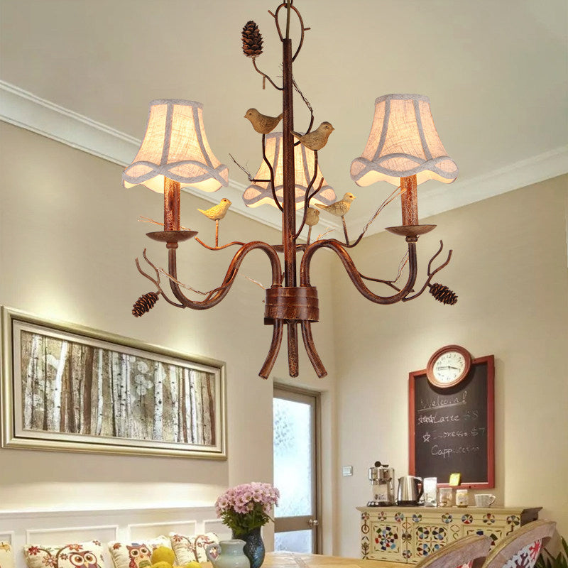 Brown 3 Lights Pendant Chandelier Rustic Metal Scalloped Hanging Light with Fabric Shade Clearhalo 'Ceiling Lights' 'Chandeliers' Lighting' options 228538