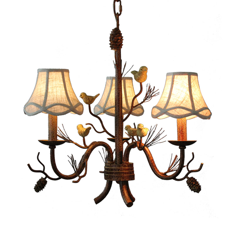Brown 3 Lights Pendant Chandelier Rustic Metal Scalloped Hanging Light with Fabric Shade Clearhalo 'Ceiling Lights' 'Chandeliers' Lighting' options 228539