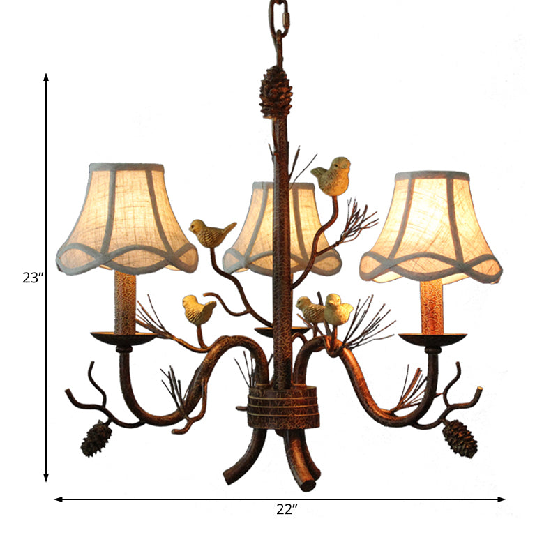 Brown 3 Lights Pendant Chandelier Rustic Metal Scalloped Hanging Light with Fabric Shade Clearhalo 'Ceiling Lights' 'Chandeliers' Lighting' options 228540