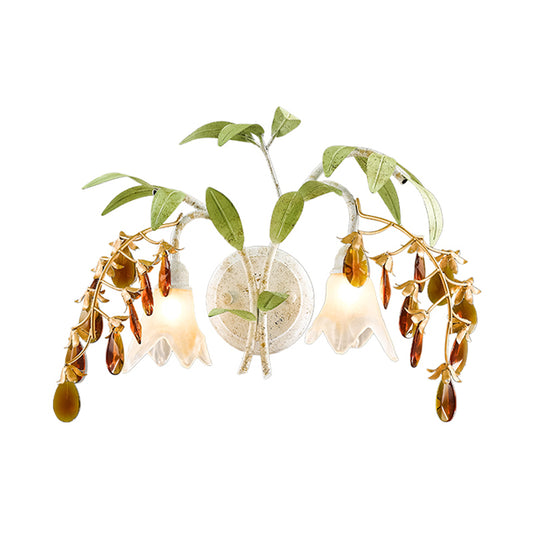 Flower Living Room Wall Lamp Rustic White Glass 2 Lights Sconce Light with Amber Crystal Accent Clearhalo 'Wall Lamps & Sconces' 'Wall Lights' Lighting' 228543