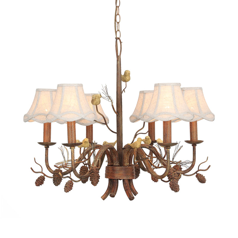 6 Lights Pendant Light Rustic Scalloped Metal Hanging Chandelier in White with Fabric Shade and Pinecone Clearhalo 'Ceiling Lights' 'Chandeliers' Lighting' options 228547