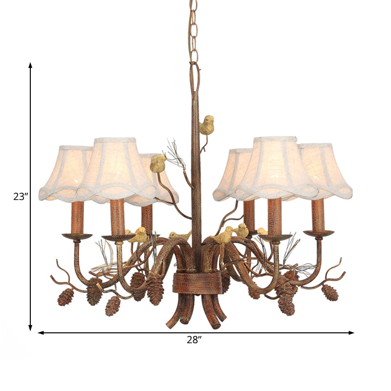 6 Lights Pendant Light Rustic Scalloped Metal Hanging Chandelier in White with Fabric Shade and Pinecone Clearhalo 'Ceiling Lights' 'Chandeliers' Lighting' options 228548