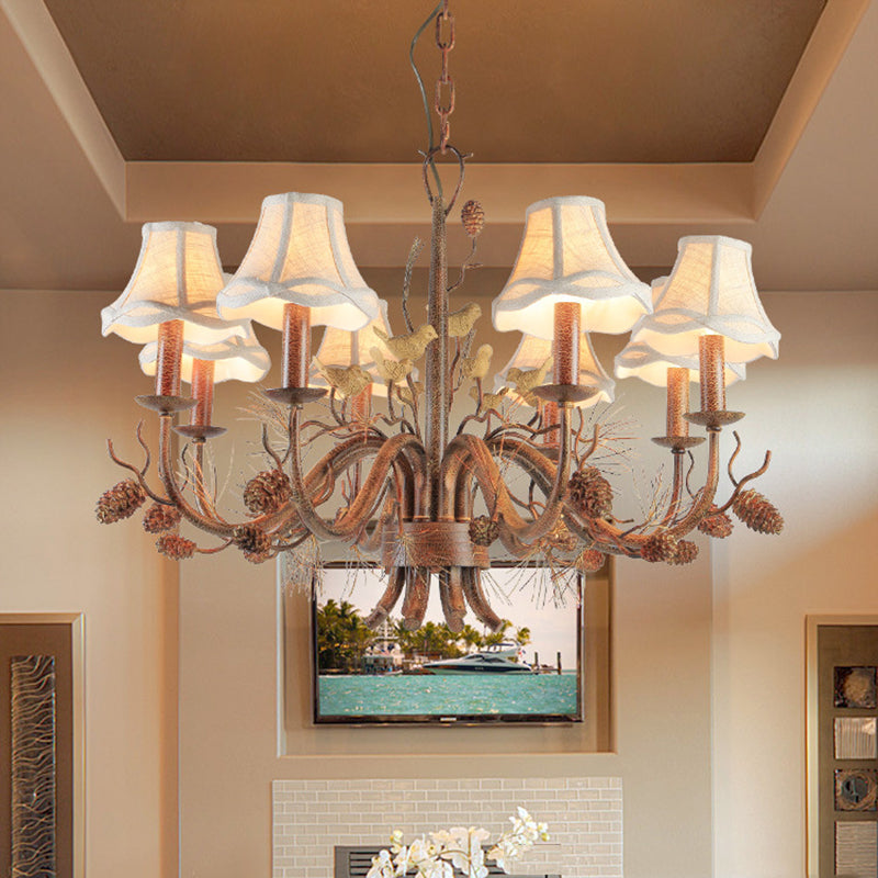 Brown Scalloped Pendant Lighting Rustic Metal 8 Lights Living Room Chandelier with White Fabric Shade and Pinecone Clearhalo 'Ceiling Lights' 'Chandeliers' Lighting' options 228549