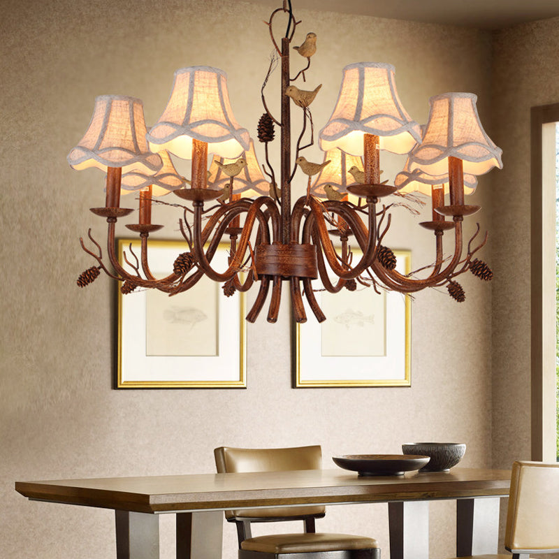 Brown Scalloped Pendant Lighting Rustic Metal 8 Lights Living Room Chandelier with White Fabric Shade and Pinecone Clearhalo 'Ceiling Lights' 'Chandeliers' Lighting' options 228550