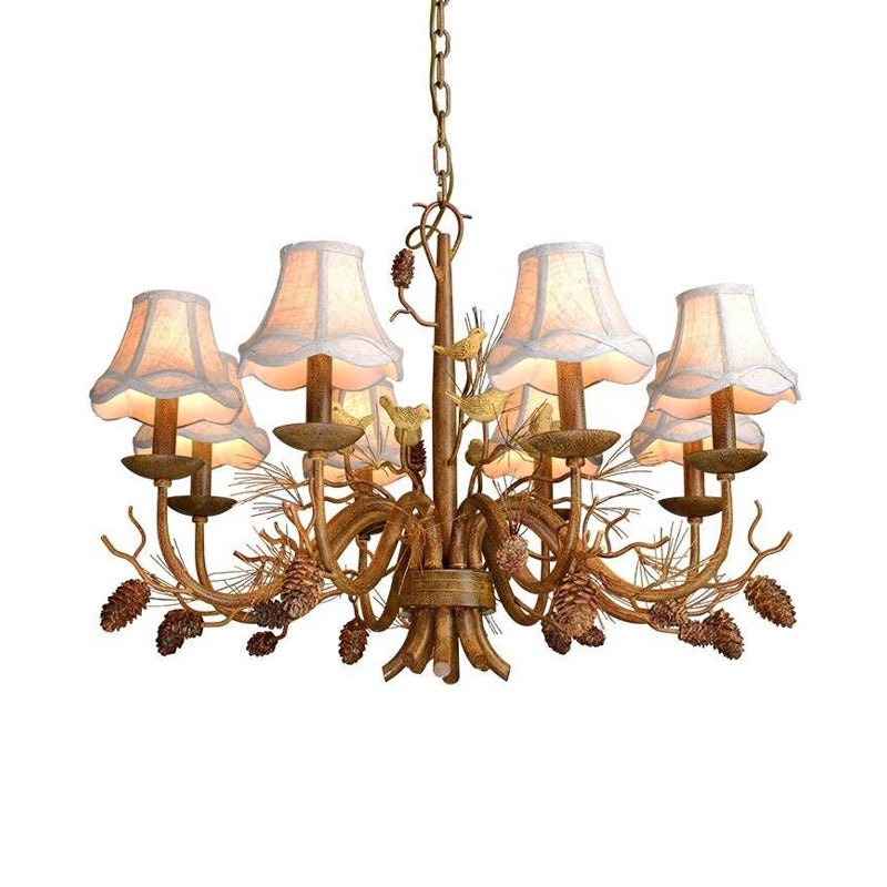 Brown Scalloped Pendant Lighting Rustic Metal 8 Lights Living Room Chandelier with White Fabric Shade and Pinecone Clearhalo 'Ceiling Lights' 'Chandeliers' Lighting' options 228551