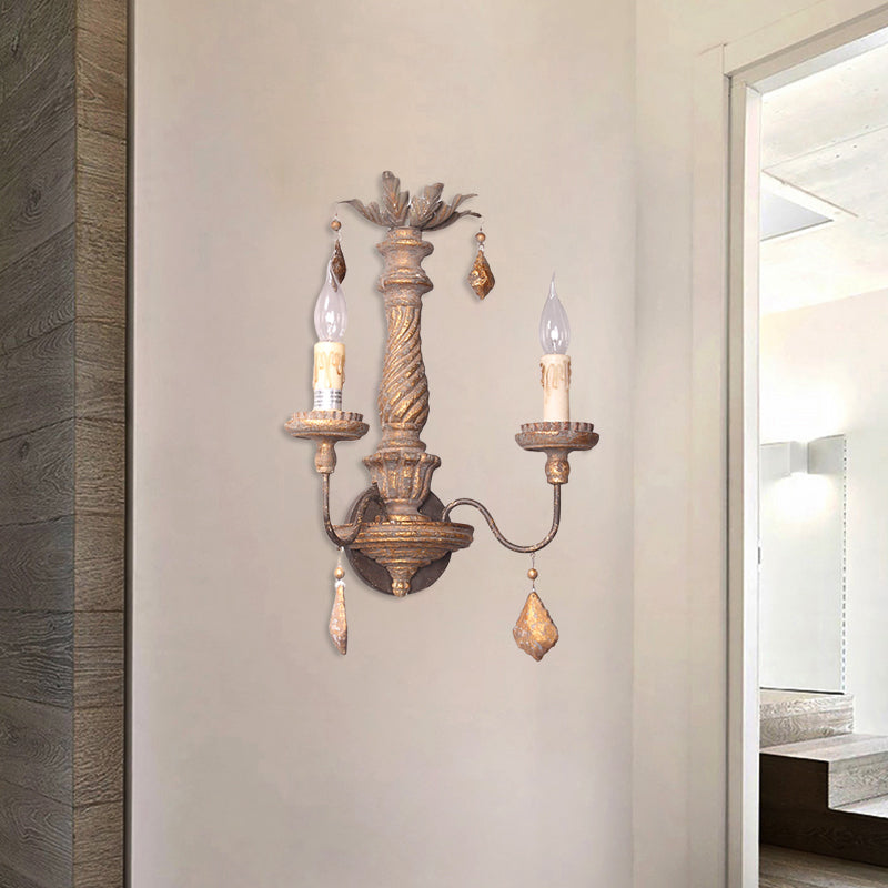 2 Lights Wall Light with Candle Shape and Wood Drop Rustic Hallway Wall Sconce Light in Grey Grey Clearhalo 'Wall Lamps & Sconces' 'Wall Lights' Lighting' 228553