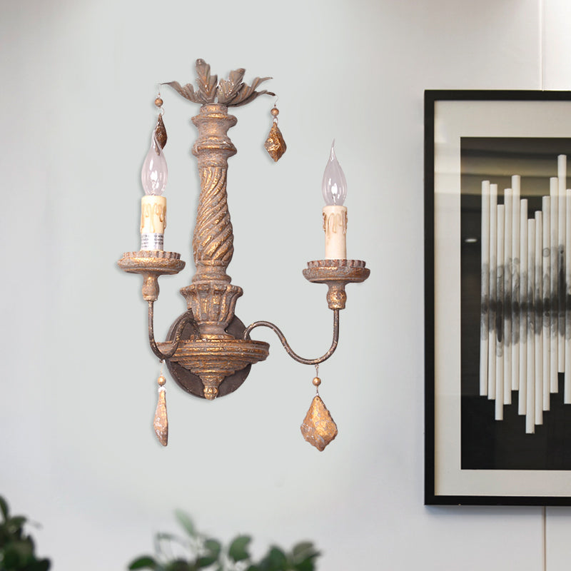 2 Lights Wall Light with Candle Shape and Wood Drop Rustic Hallway Wall Sconce Light in Grey Clearhalo 'Wall Lamps & Sconces' 'Wall Lights' Lighting' 228554