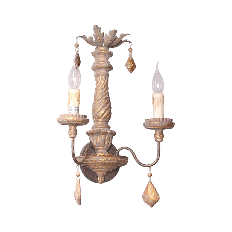 2 Lights Wall Light with Candle Shape and Wood Drop Rustic Hallway Wall Sconce Light in Grey Clearhalo 'Wall Lamps & Sconces' 'Wall Lights' Lighting' 228555