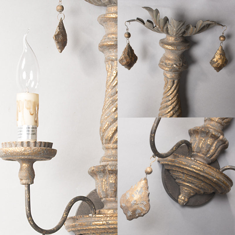 2 Lights Wall Light with Candle Shape and Wood Drop Rustic Hallway Wall Sconce Light in Grey Clearhalo 'Wall Lamps & Sconces' 'Wall Lights' Lighting' 228557