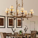 Metal Bell Shade Hanging Chandelier Country 6 Lights Living Room Pendant Light in Brown with Linear Canopy Clearhalo 'Ceiling Lights' 'Chandeliers' Lighting' options 228558
