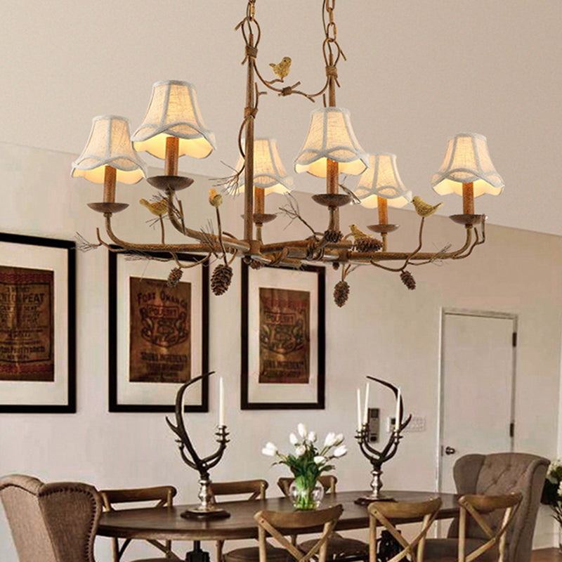 Metal Bell Shade Hanging Chandelier Country 6 Lights Living Room Pendant Light in Brown with Linear Canopy Brown Clearhalo 'Ceiling Lights' 'Chandeliers' Lighting' options 228558_f94268a9-3174-4793-bcb3-115d4fa32f36