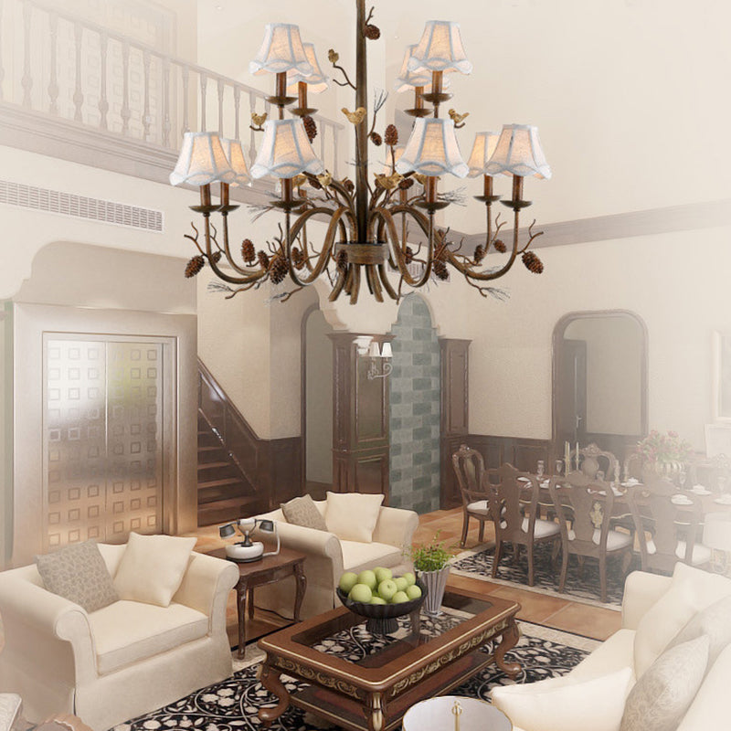 12 Lights Scalloped Chandelier Rustic Brown Metal Pendant Light Fixture with White Fabric Shade Clearhalo 'Ceiling Lights' 'Chandeliers' Lighting' options 228562