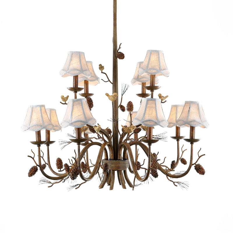 12 Lights Scalloped Chandelier Rustic Brown Metal Pendant Light Fixture with White Fabric Shade Clearhalo 'Ceiling Lights' 'Chandeliers' Lighting' options 228564