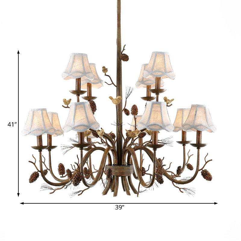 12 Lights Scalloped Chandelier Rustic Brown Metal Pendant Light Fixture with White Fabric Shade Clearhalo 'Ceiling Lights' 'Chandeliers' Lighting' options 228565