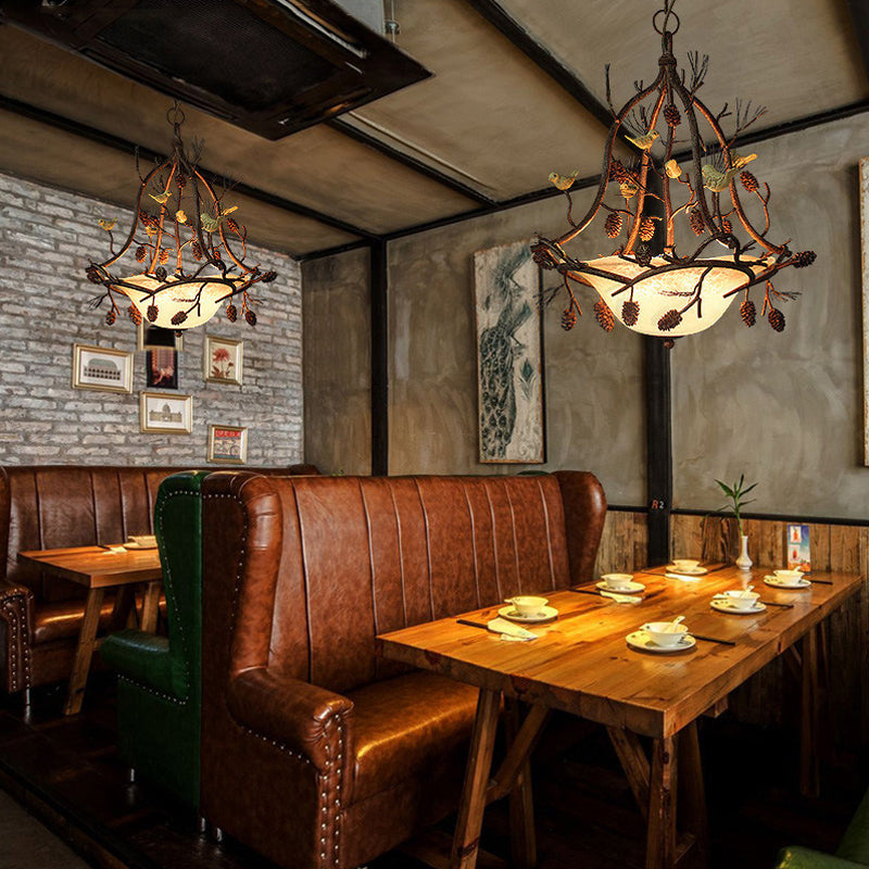 3 Lights Frosted Glass Hanging Chandelier Country Brown Bowl Dining Room Pendant Light Fixture with Bird and Pinecone Brown Clearhalo 'Ceiling Lights' 'Chandeliers' 'Glass shade' 'Glass' 'Modern Chandeliers' 'Modern' Lighting' 228566