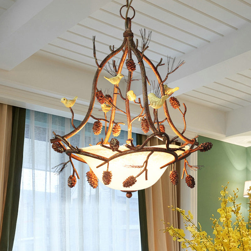 3 Lights Frosted Glass Hanging Chandelier Country Brown Bowl Dining Room Pendant Light Fixture with Bird and Pinecone Clearhalo 'Ceiling Lights' 'Chandeliers' 'Glass shade' 'Glass' 'Modern Chandeliers' 'Modern' Lighting' 228567