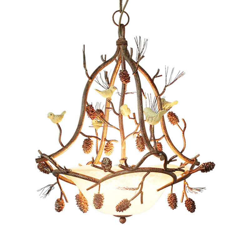 3 Lights Frosted Glass Hanging Chandelier Country Brown Bowl Dining Room Pendant Light Fixture with Bird and Pinecone Clearhalo 'Ceiling Lights' 'Chandeliers' 'Glass shade' 'Glass' 'Modern Chandeliers' 'Modern' Lighting' 228568